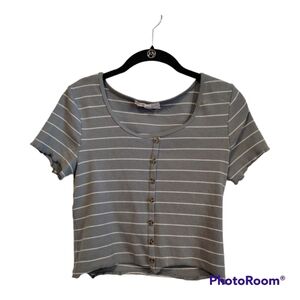 Pink Rose horizontal blue grey stripe crop‎ top